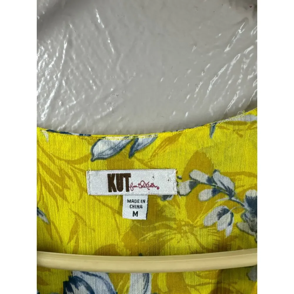 Kut from the Kloth Sheer Sleeveless‎ Button Down Top Shirt Yellow Floral Size M